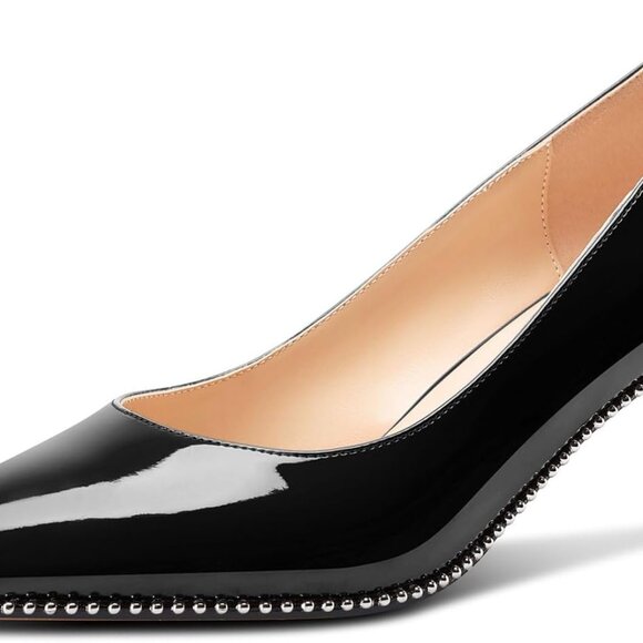 Women's Kitten Heel Pumps Beaded Patent Leather Slip-On Summer Dress Shoes - Picture 1 of 6